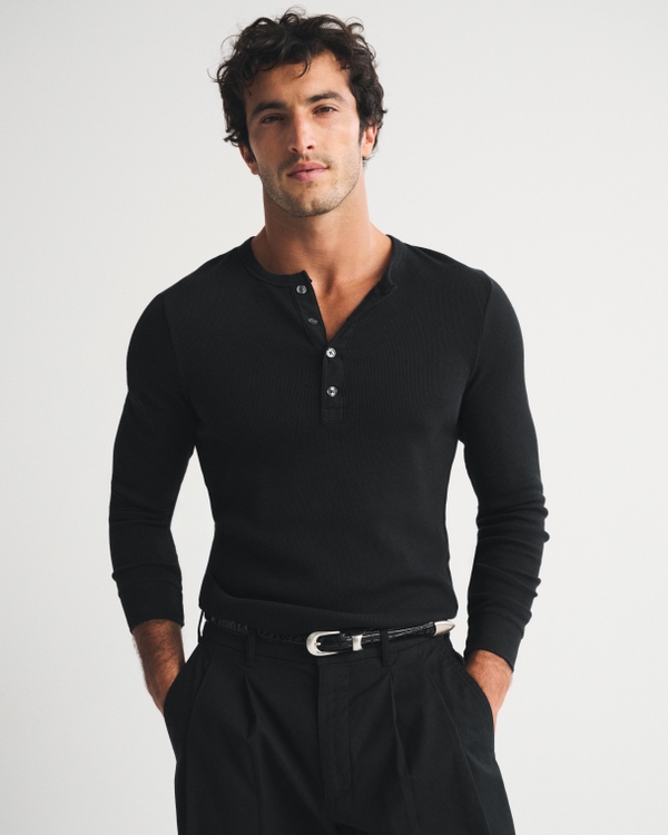 Essential Slim Ribbed Henley, Black view 1