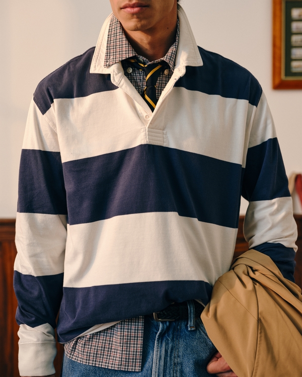 Premium Heavyweight Rugby Polo, Navy Stripe view 1