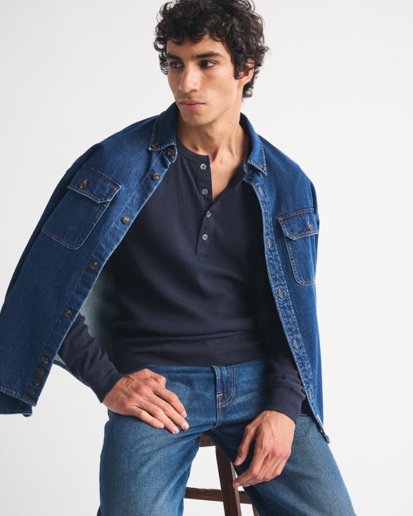 Essential Slim Ribbed Henley, Muted Navy view 1