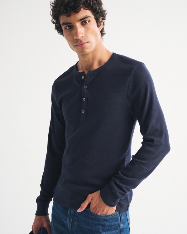 Essential Slim Ribbed Henley, Muted Navy view 2