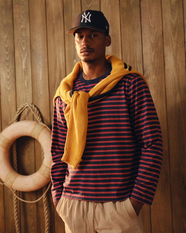 Long-Sleeve Striped Boxy Tee, Navy And Red Stripe view 1