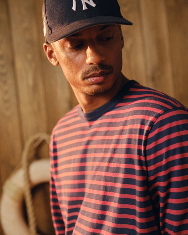 Long-Sleeve Striped Boxy Tee, Navy And Red Stripe view 2