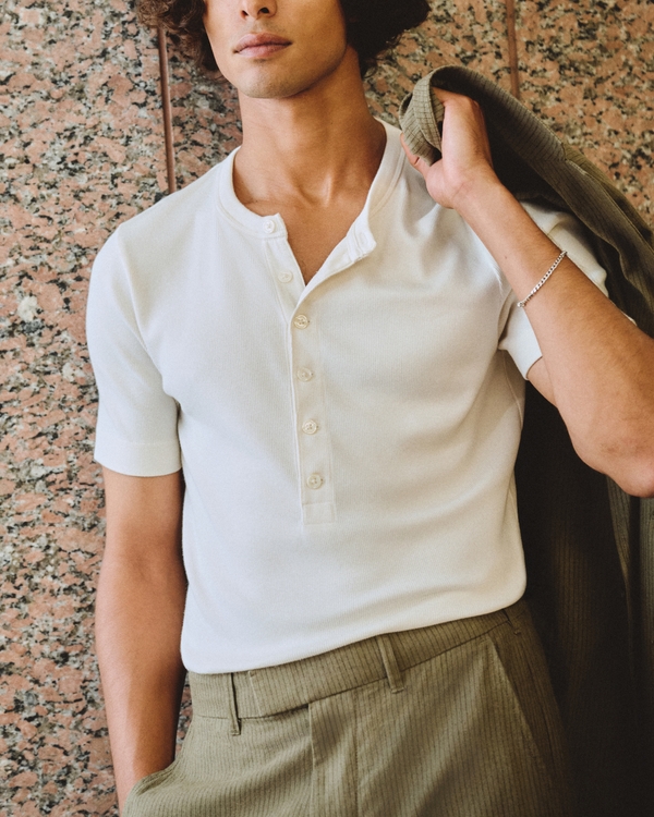 Essential Slim Ribbed Henley, Cream view 1