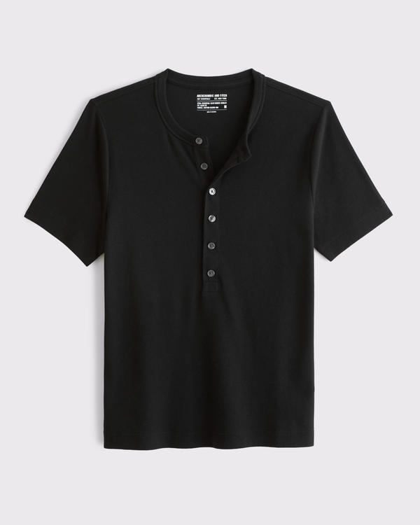 Essential Slim Ribbed Henley, Black view 1