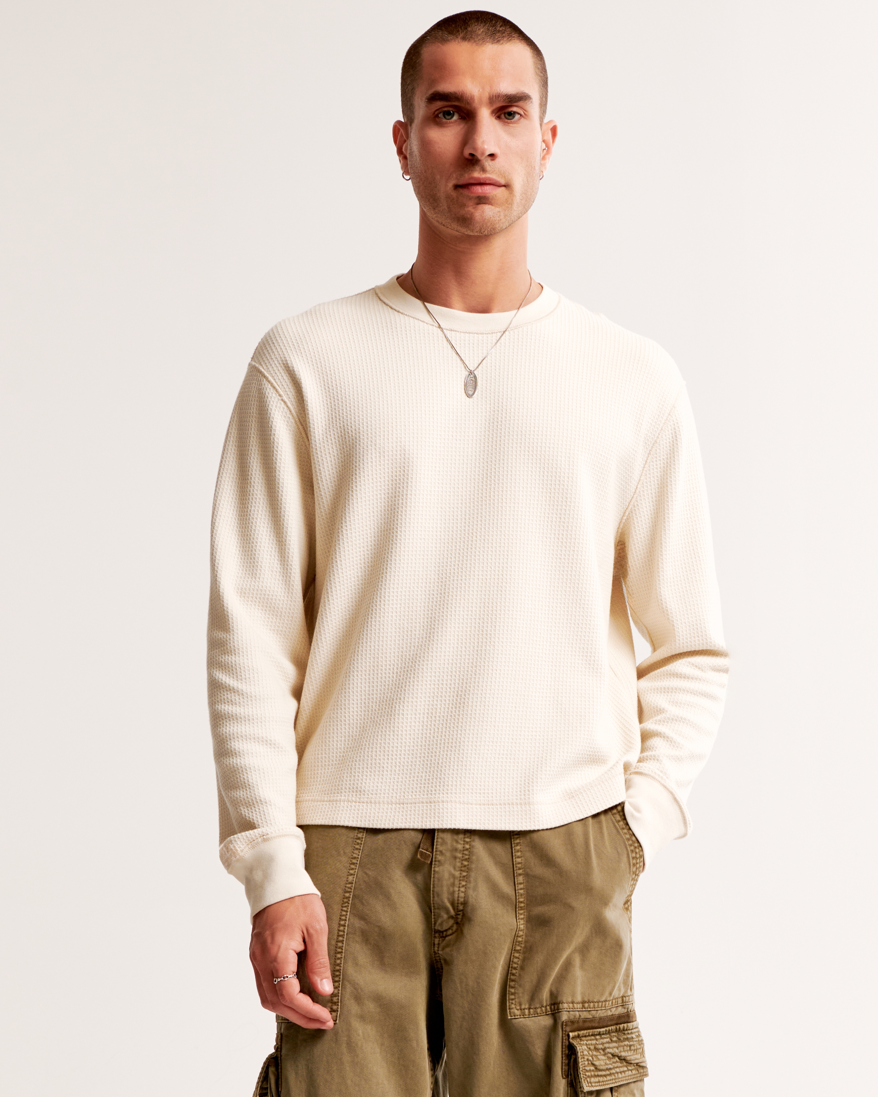 Men's Long-Sleeve Grid Waffle Cropped Tee | Men's Clearance