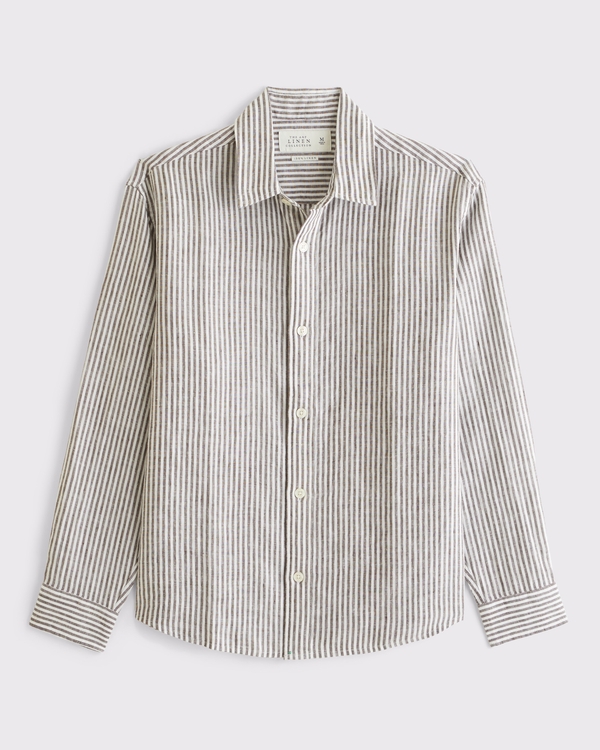 100% Linen Button-Up Shirt, Brown/white Stripe view 1