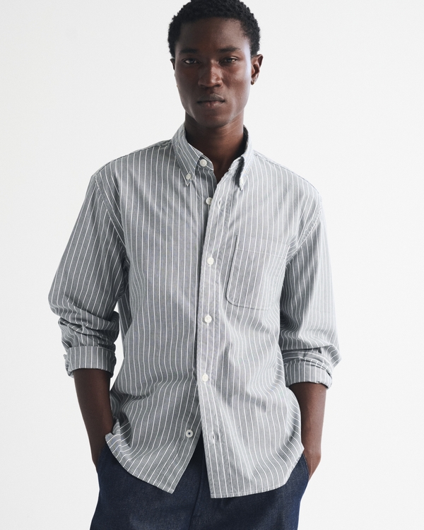 A&F Classic Poplin Shirt, Green Stripe view 1