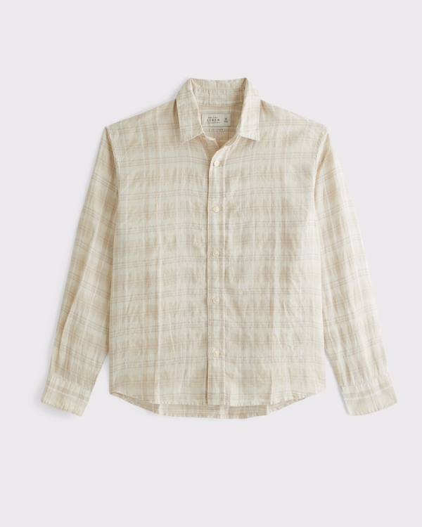 100% Linen Long-Sleeve Shirt, Cream Plaid view 1