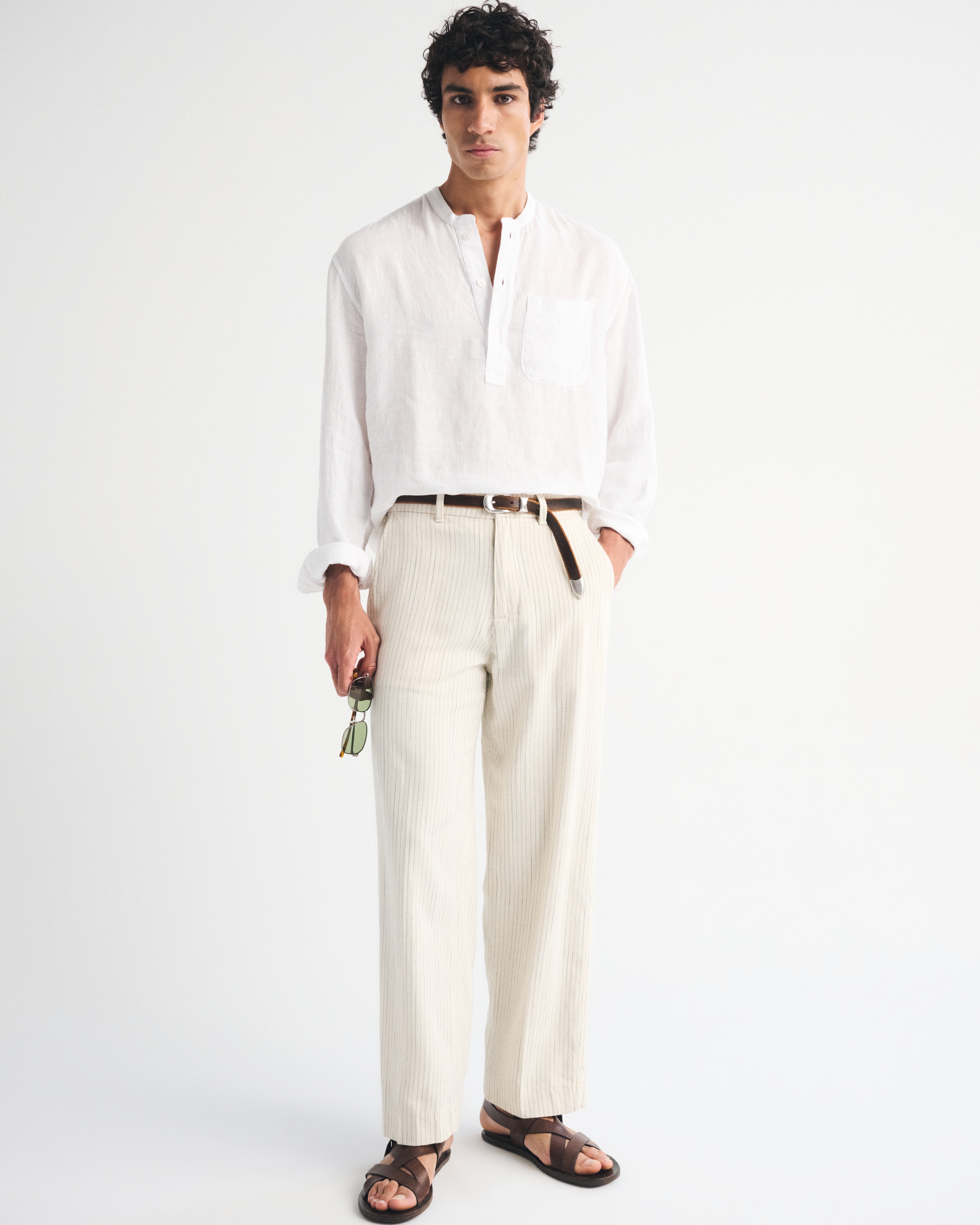 Мужская льняная рубашка-пуловер Abercrombie & Fitch Banded Collar, цвет: Белый — фото 3
