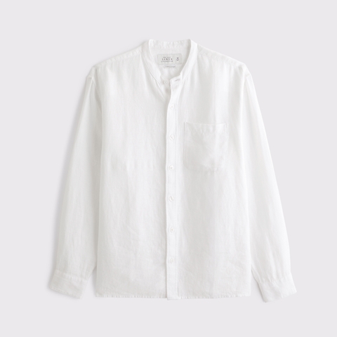 Мужские рубашки Abercrombie & Fitch 100% Linen Banded Collar Button-Up Shirt