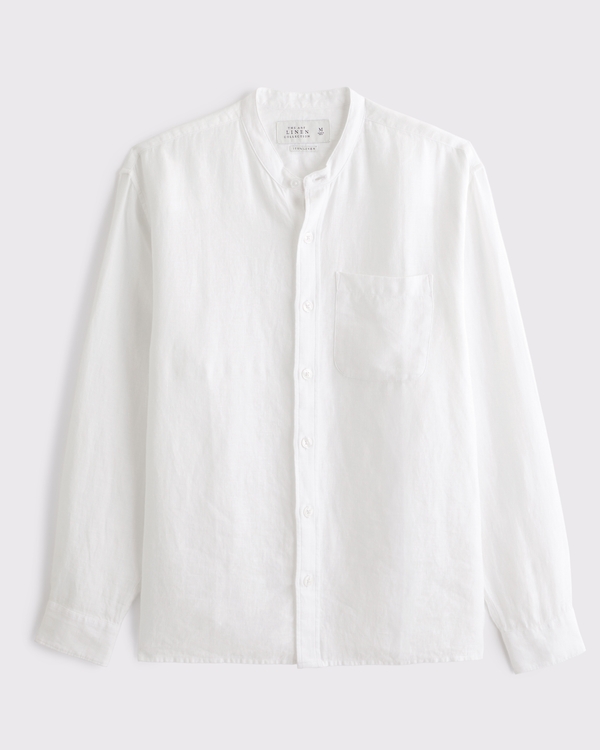 100% Linen Banded Collar Button-Up Shirt, White view 1