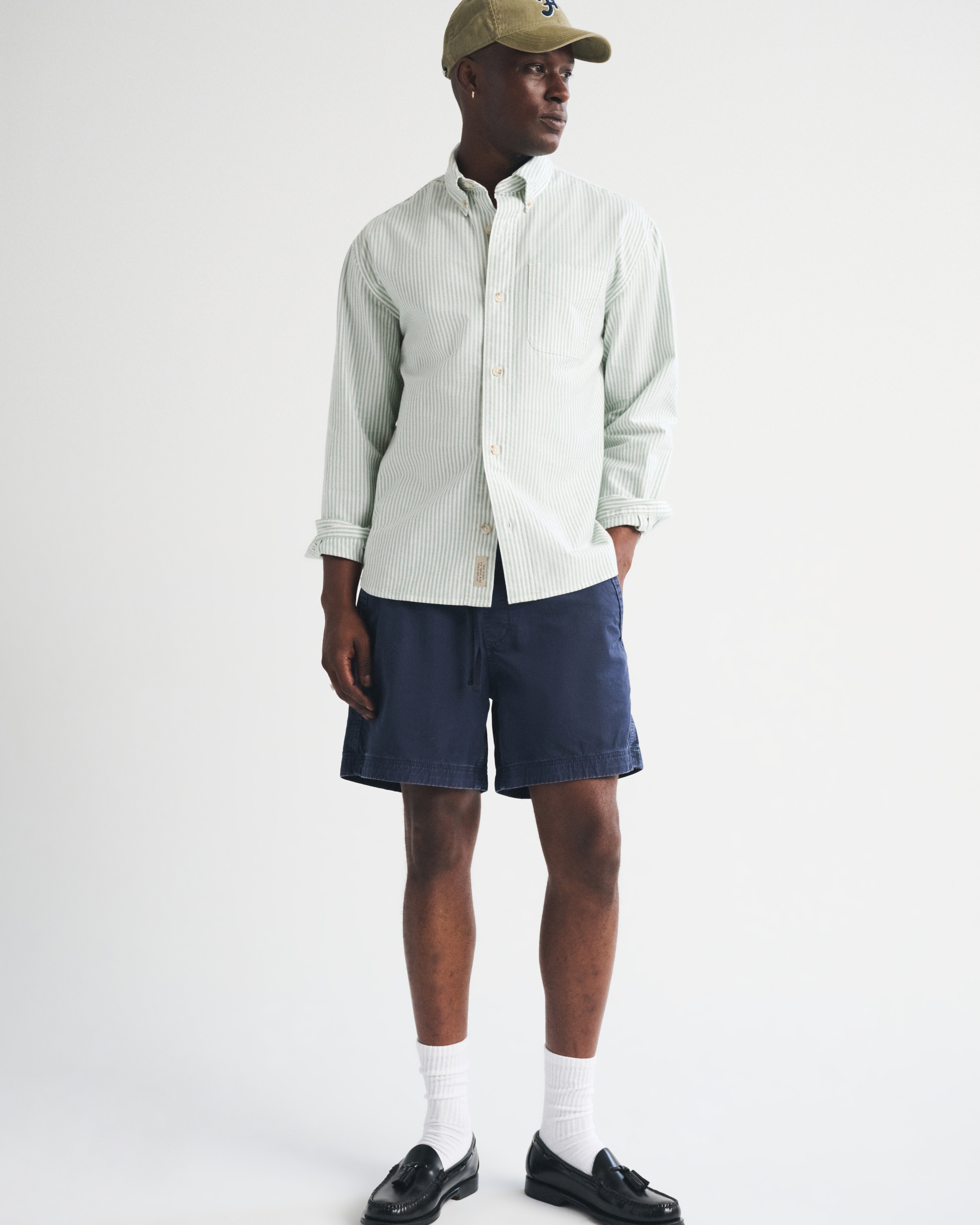 Мужская рубашка Abercrombie & Fitch A&F Classic Oxford, цвет: Зелёный полосатый — фото 3