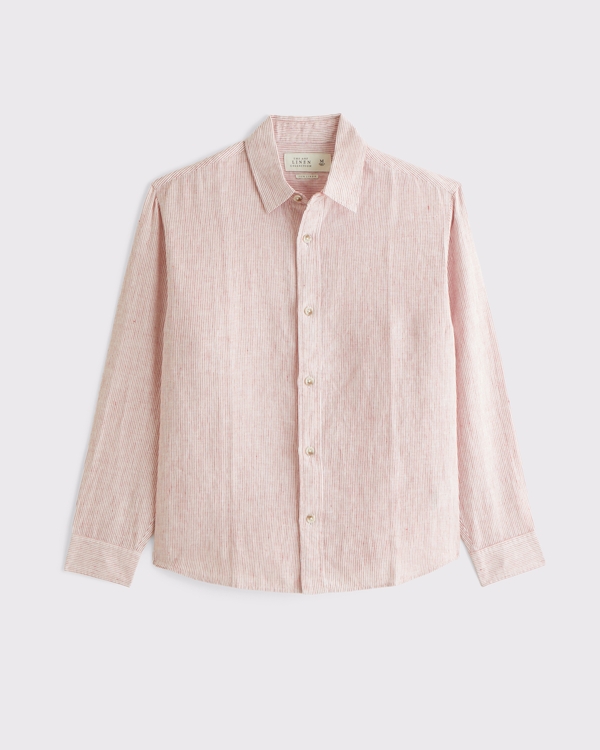 100% Linen Button-Up Shirt, Red Stripe view 1