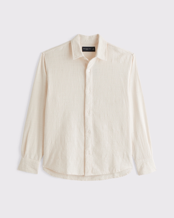 100% Cotton Slub Button-Up Shirt, Cream view 1