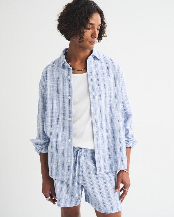 100% Cotton Slub Button-Up Shirt, Light Blue Stripe view 1