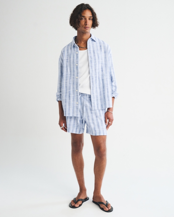 100% Cotton Slub Button-Up Shirt, Light Blue Stripe view 2