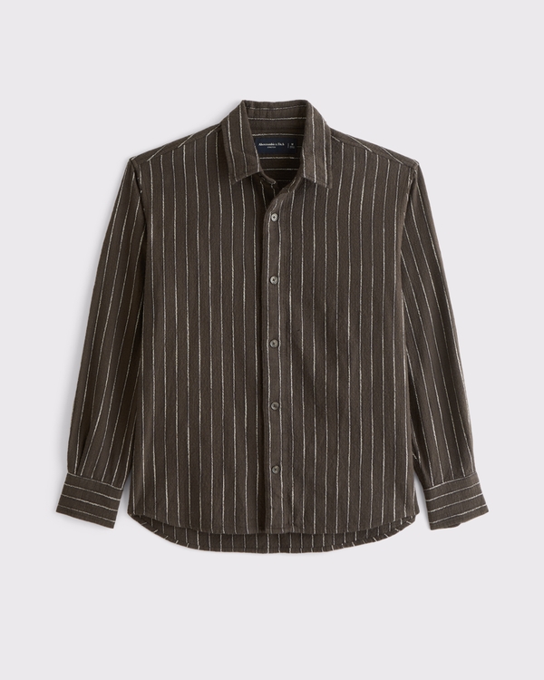 100% Cotton Slub Button-Up Shirt, Brown Stripe view 1
