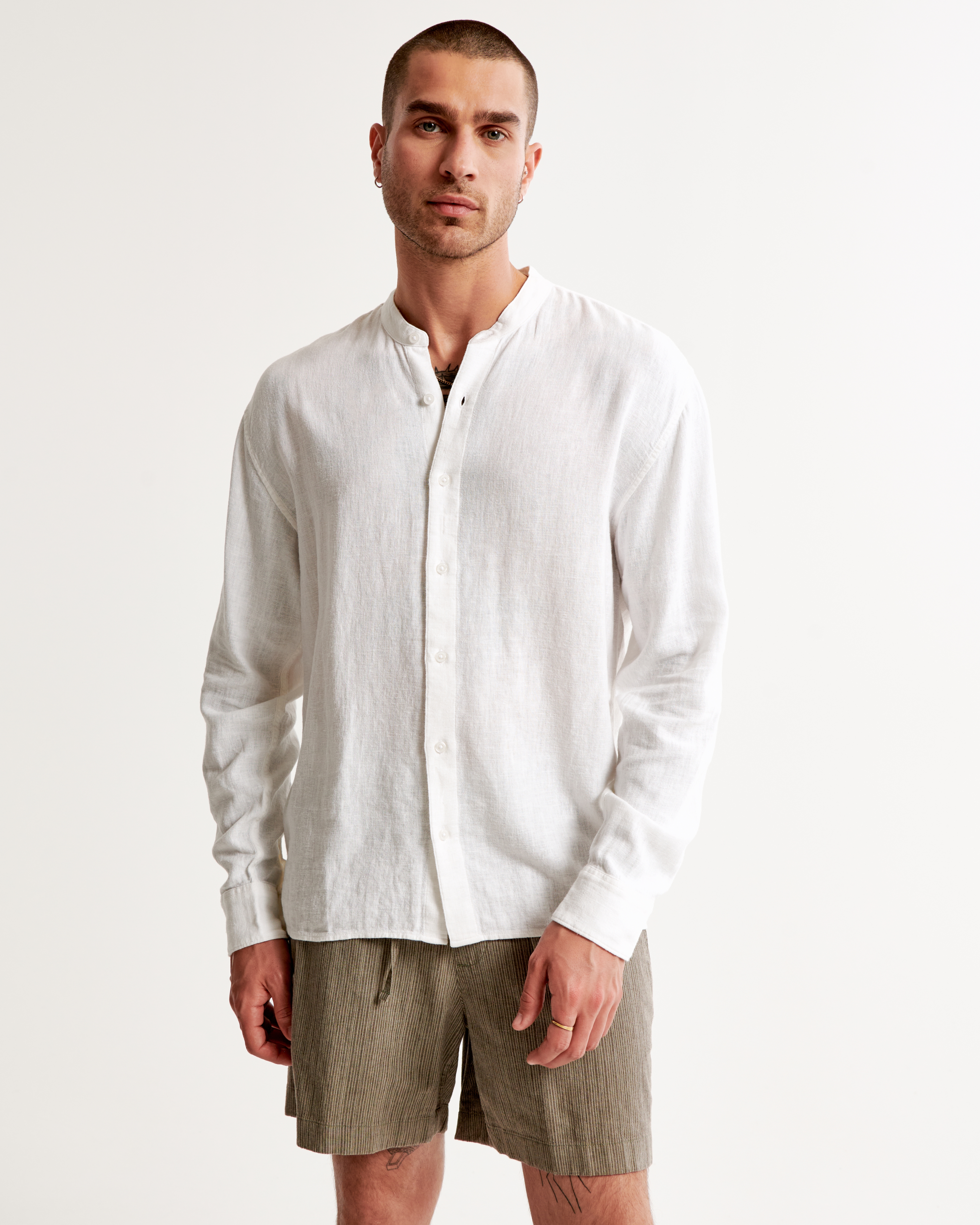 Men's Banded Collar Summer Linen-Blend Shirt | Men's Clearance