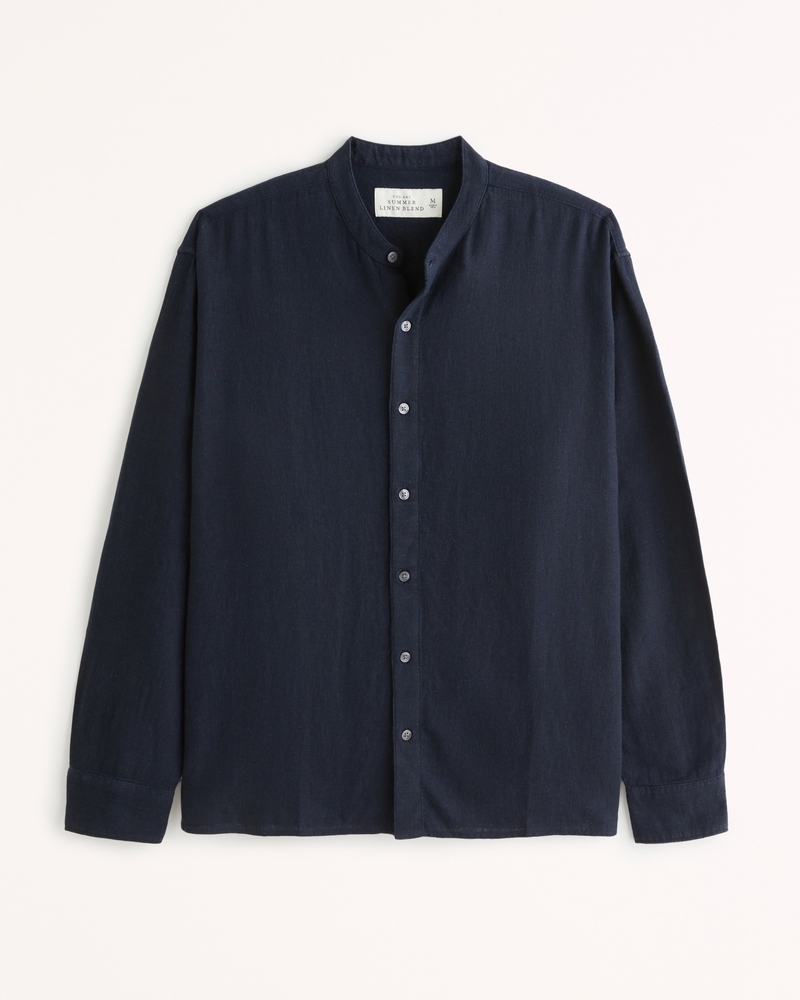 Mens Linen Blend Grandad Collar Long Sleeve Shirt, Shop Mens Regular Fit  Products Online