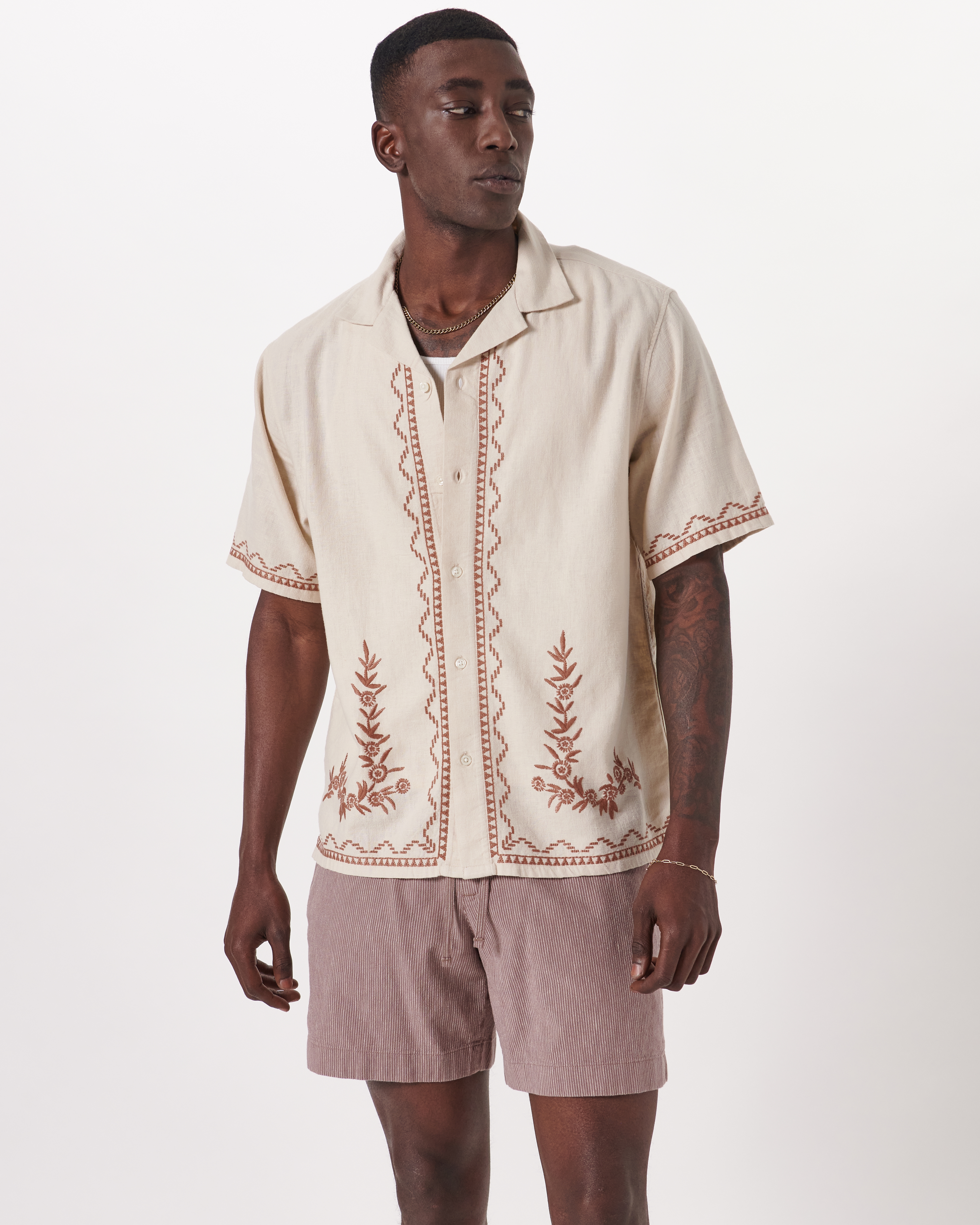 Camp Collar Linen-Blend Embroidered Shirt