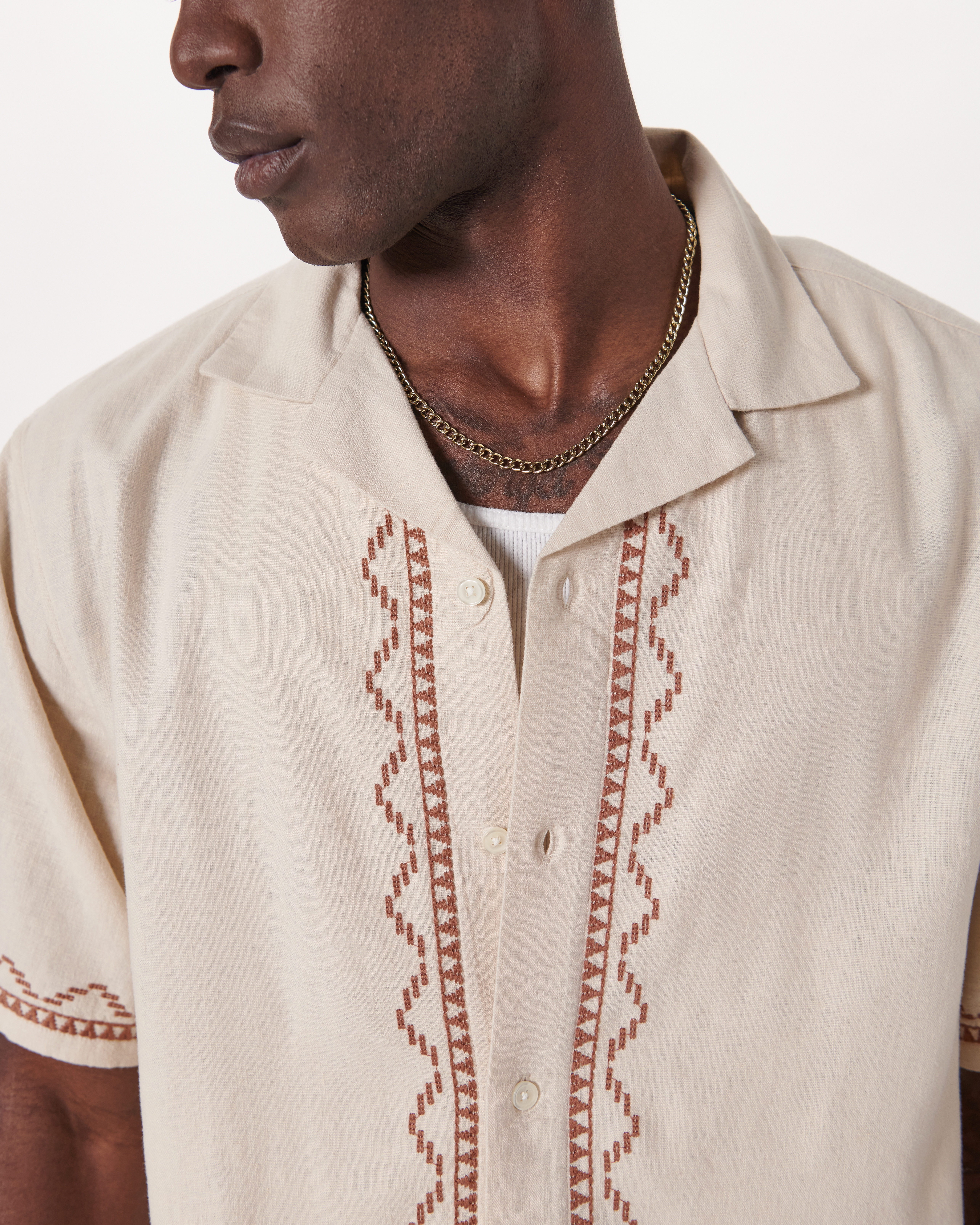 Camp Collar Linen-Blend Embroidered Shirt