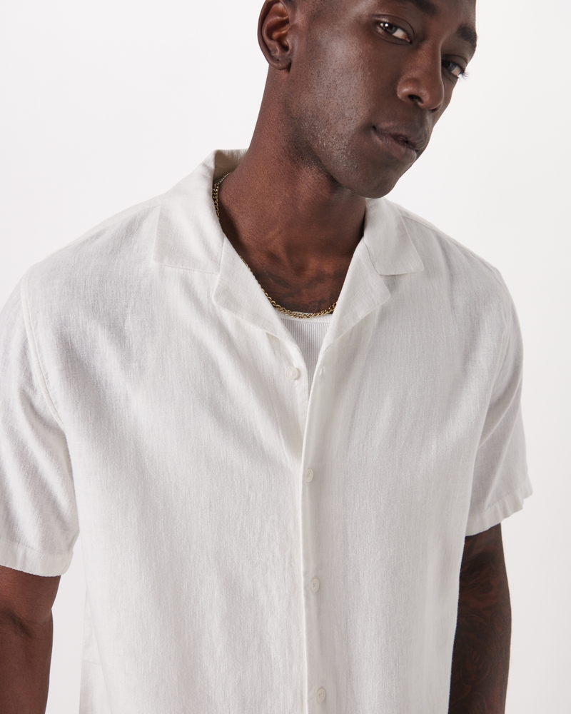Lucky Brand Men's Short Sleeve Linen Button Up Shirt, Bright White, X-Large