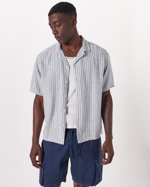Camp Collar Linen-Blend Shirt, White Stripe