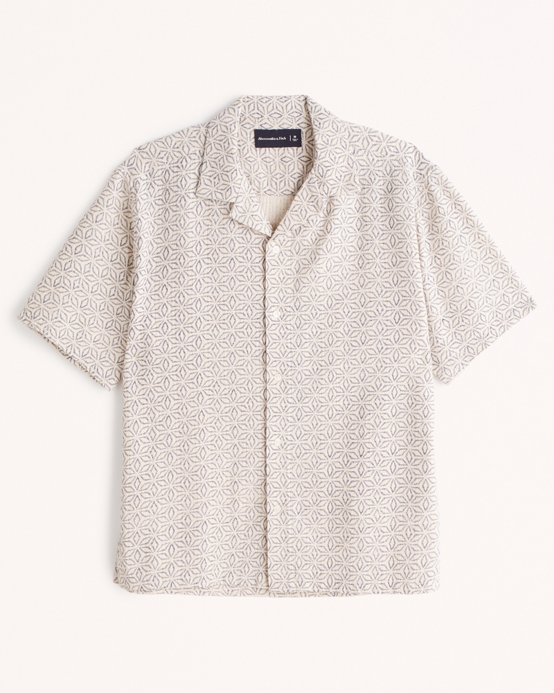 Men's Camp Collar Textured Button-Up Shirt in Light Grey Pattern | Size S | Abercrombie & Fitch