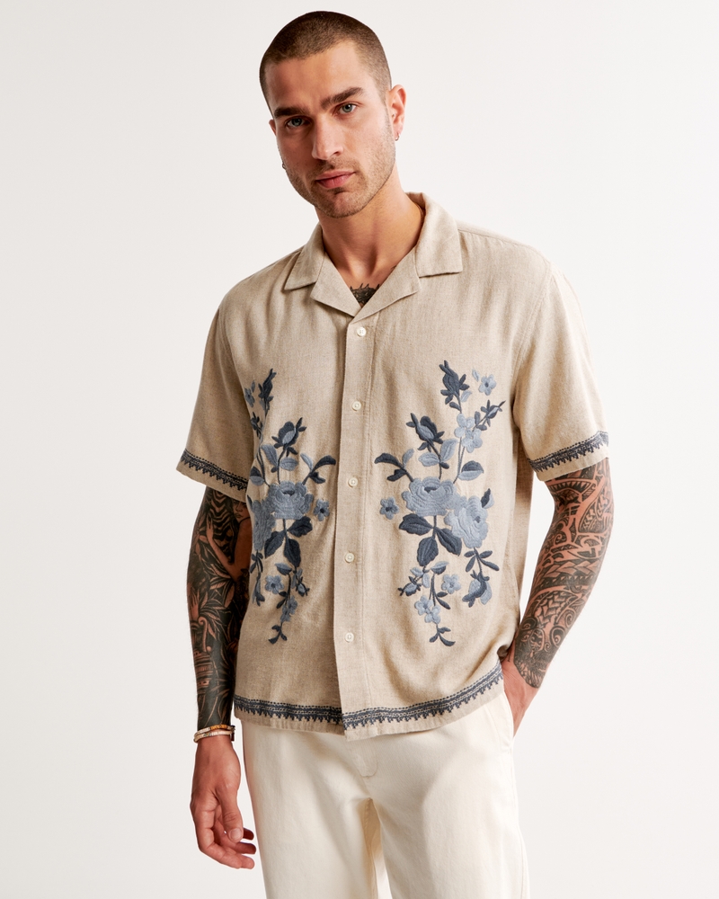 Men's Camp Collar Linen-Blend Shirt, Men's Tops