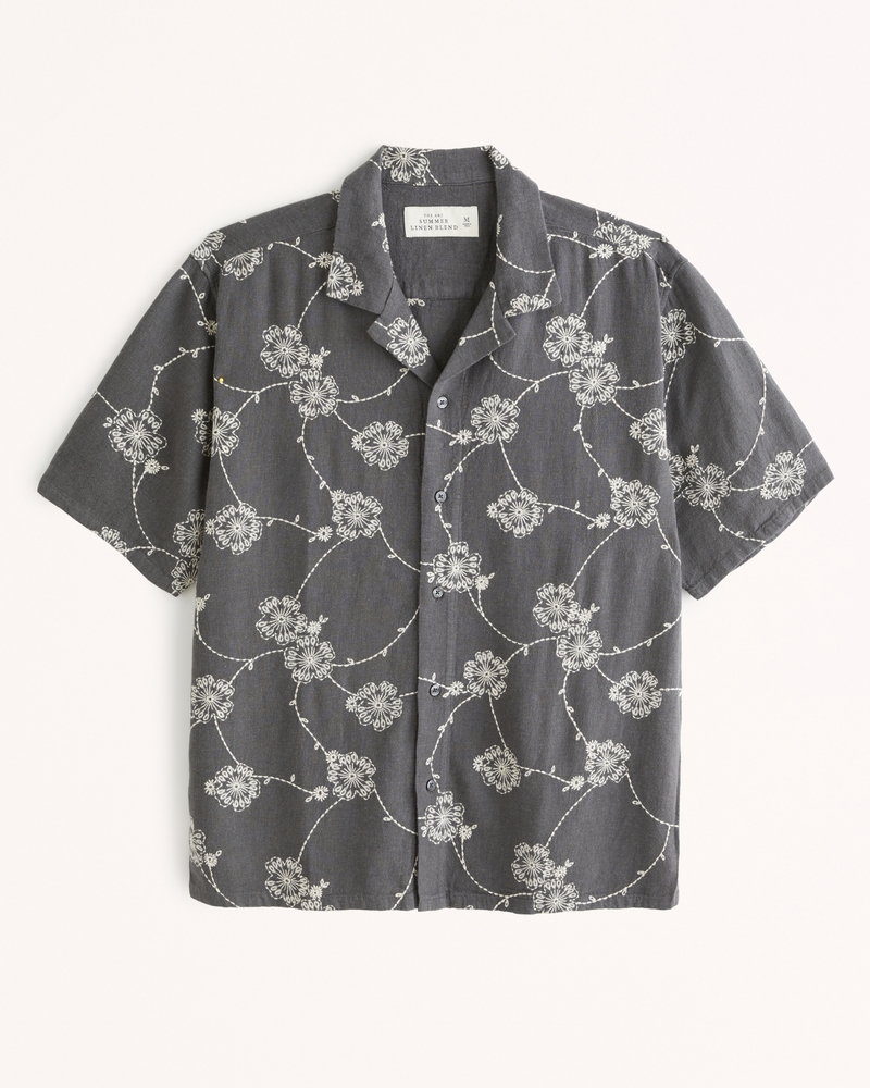 Hombre Camp Collar Summer LinenBlend Embroidered Shirt Hombre