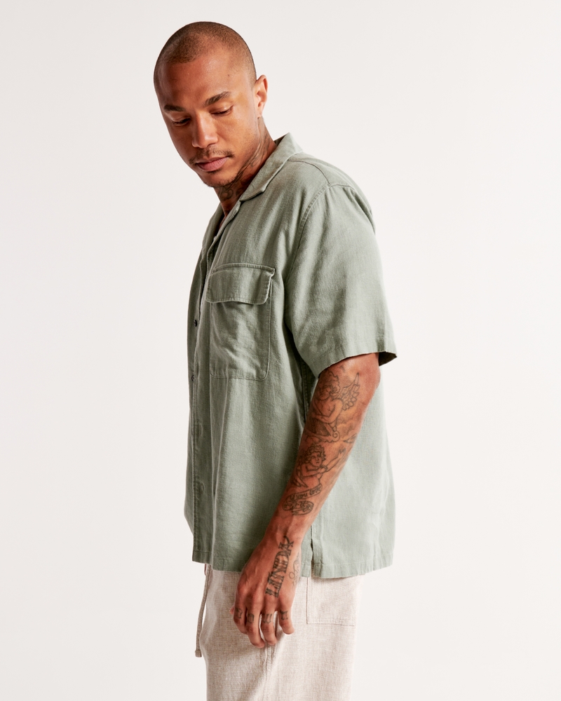 Men's Camp Collar Linen-Blend Shirt, Men's Tops