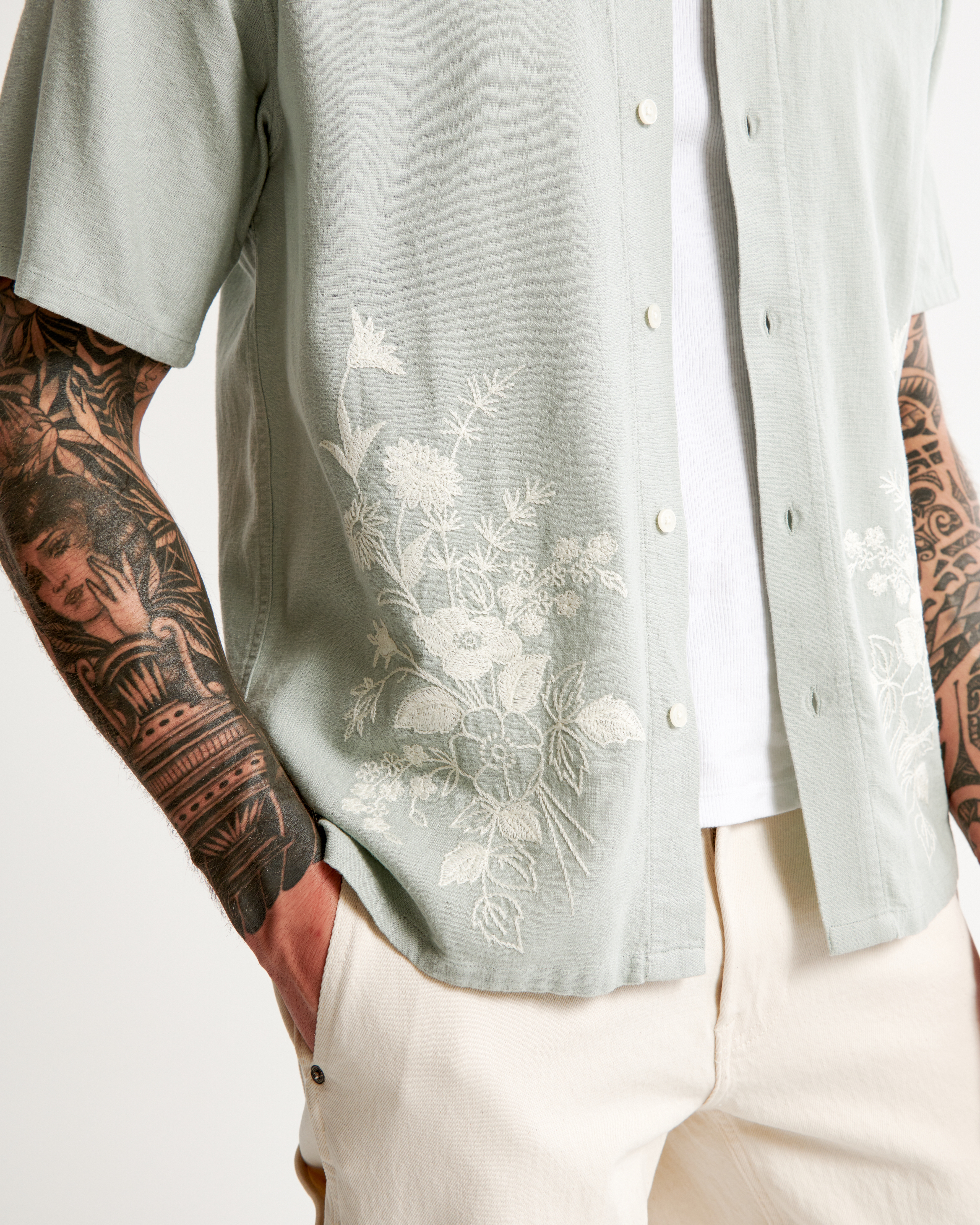 Camp Collar Summer Linen-Blend Embroidered Shirt