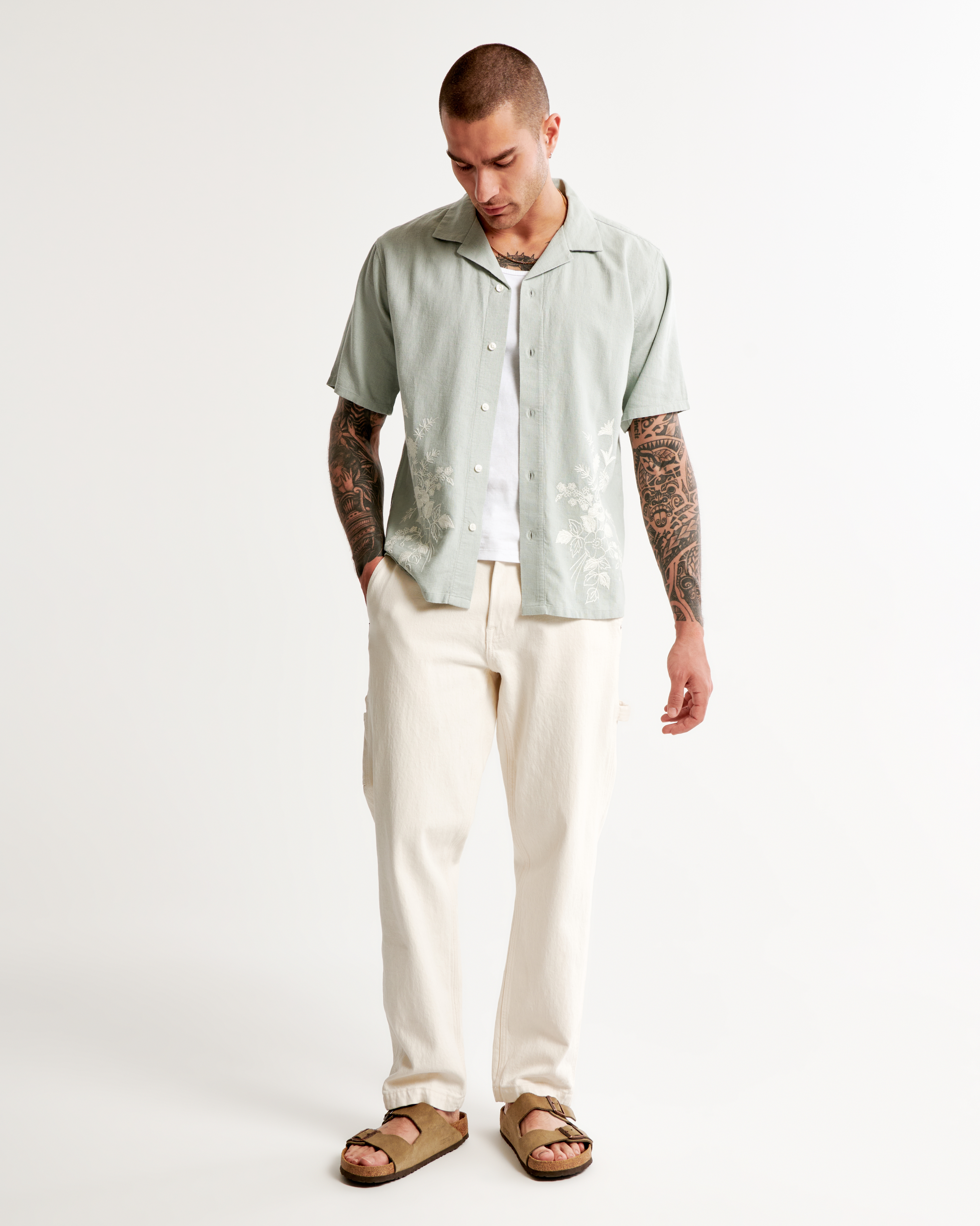 Camp Collar Summer Linen-Blend Embroidered Shirt