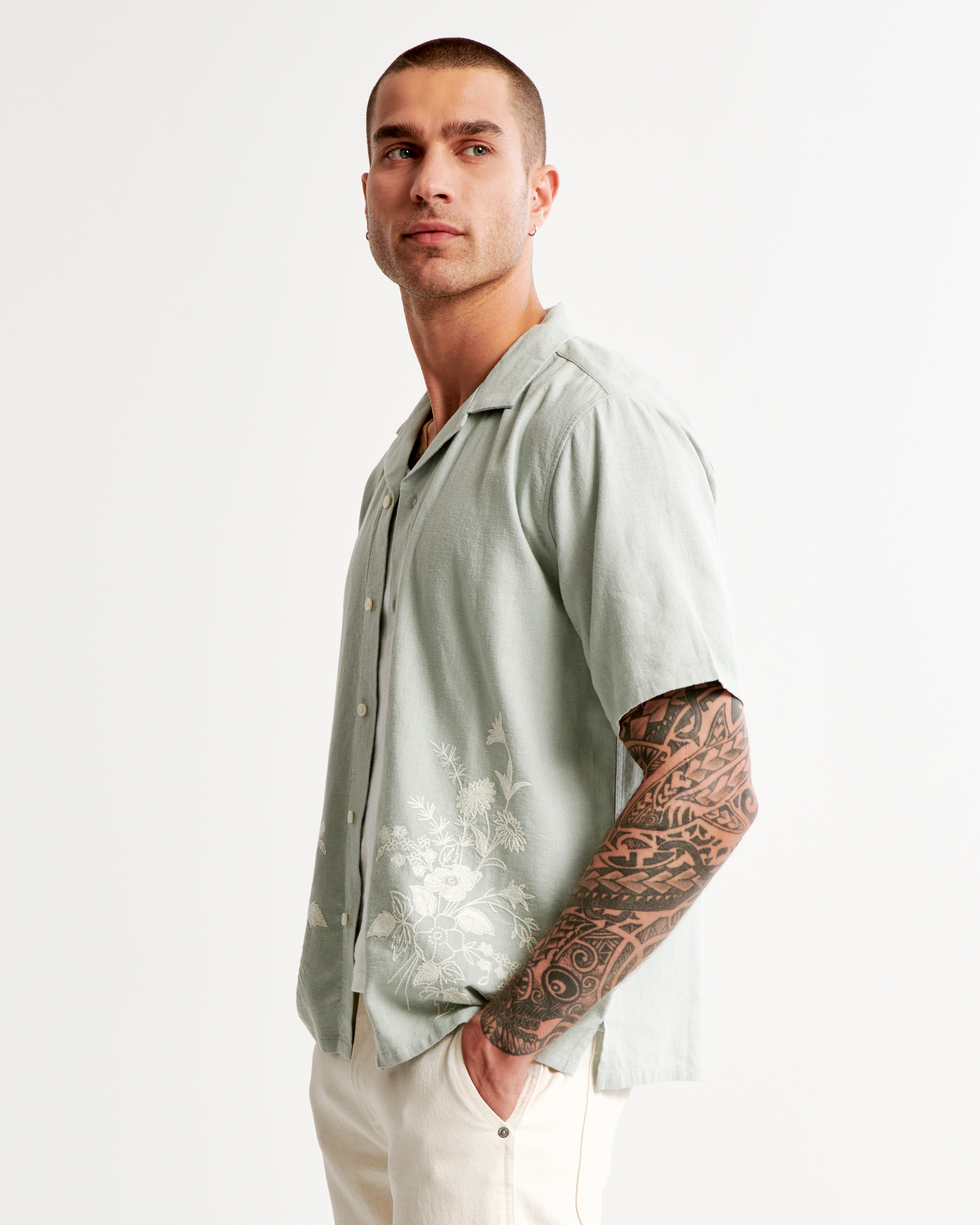 Camp Collar Summer Linen-Blend Embroidered Shirt