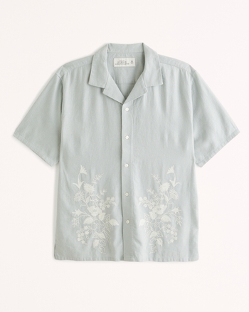 Men's Camp Collar Summer Linen-Blend Embroidered Shirt