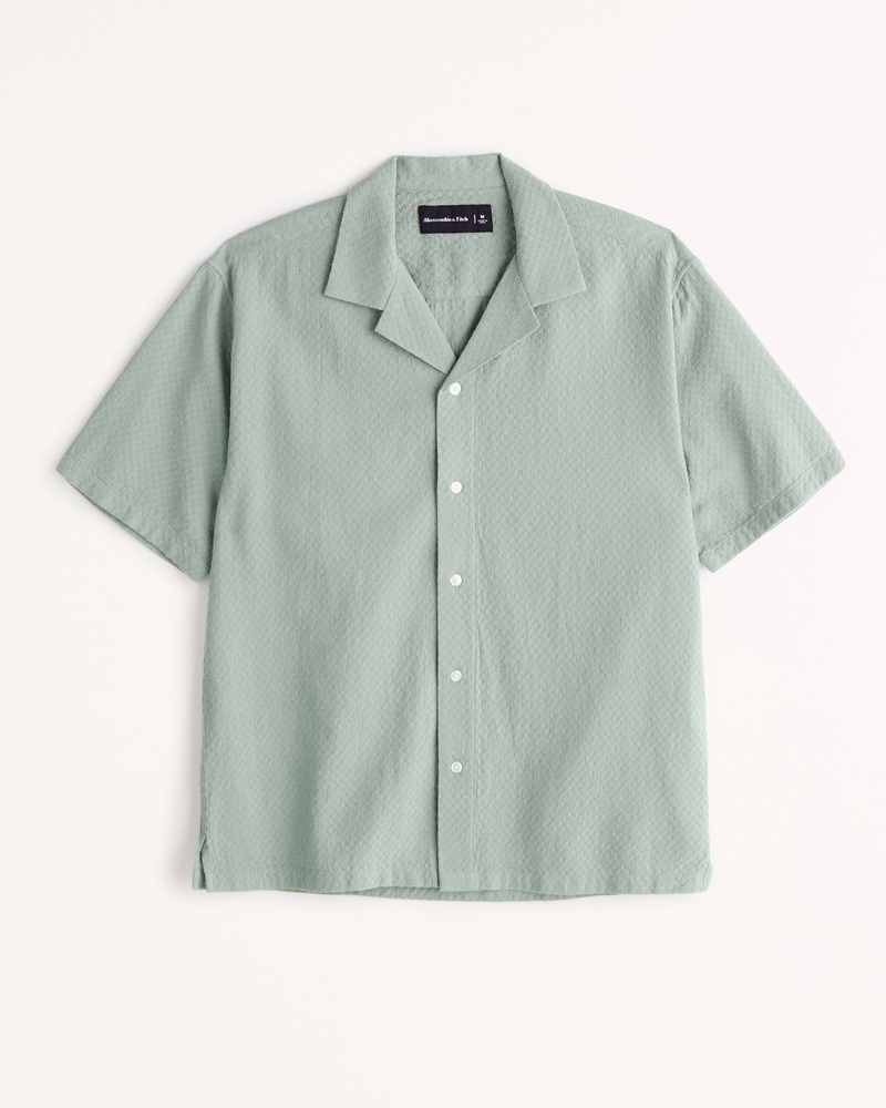 Men's Camp Collar Textured Button-Up Shirt in Green Pattern | Size XL | Abercrombie & Fitch