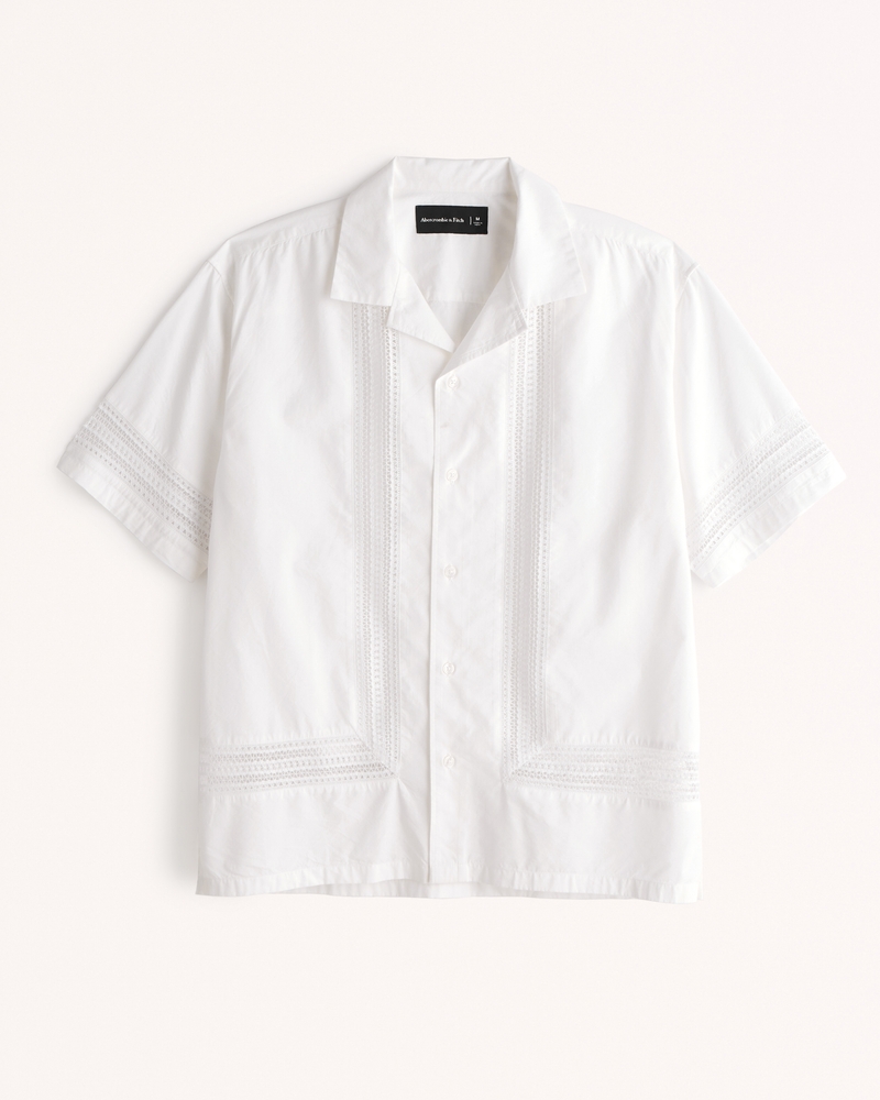 Men's Camp Collar Lacey Button-Up Shirt in White | Size S | Abercrombie & Fitch