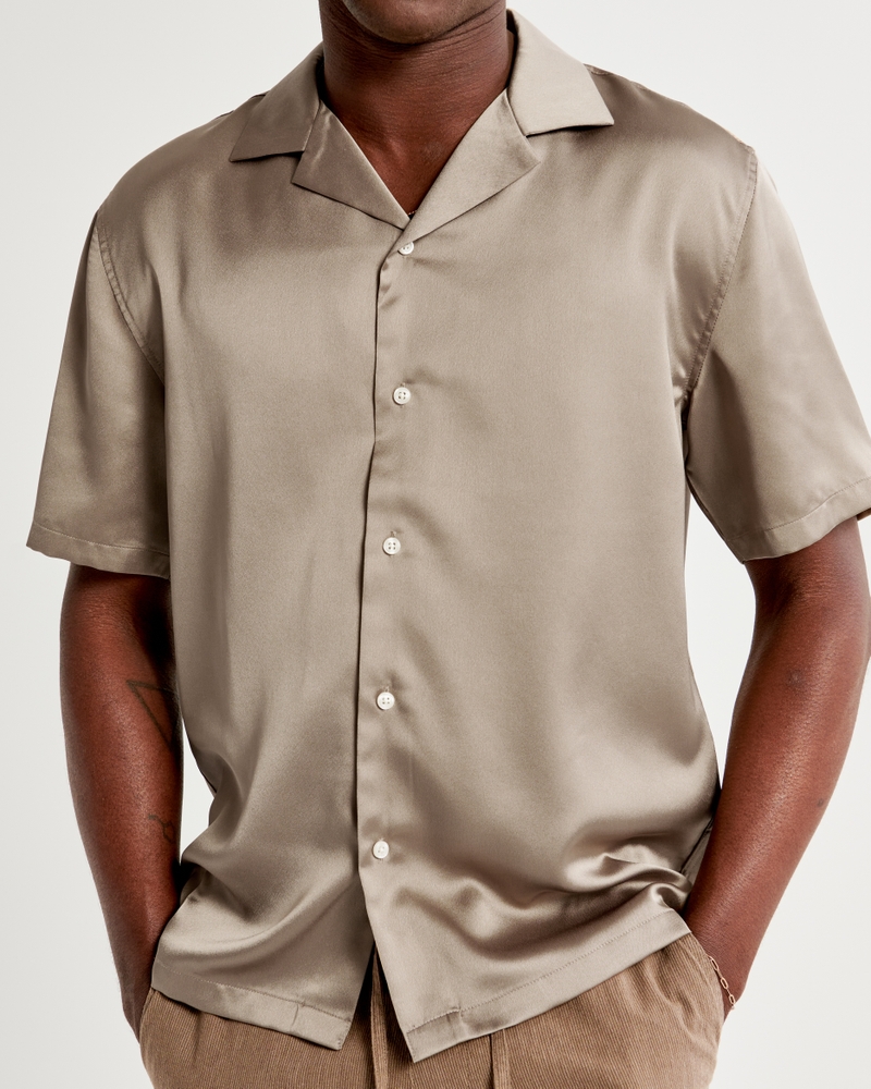 Men's Camp Collar Silky Button-Up Shirt, Men's Tops