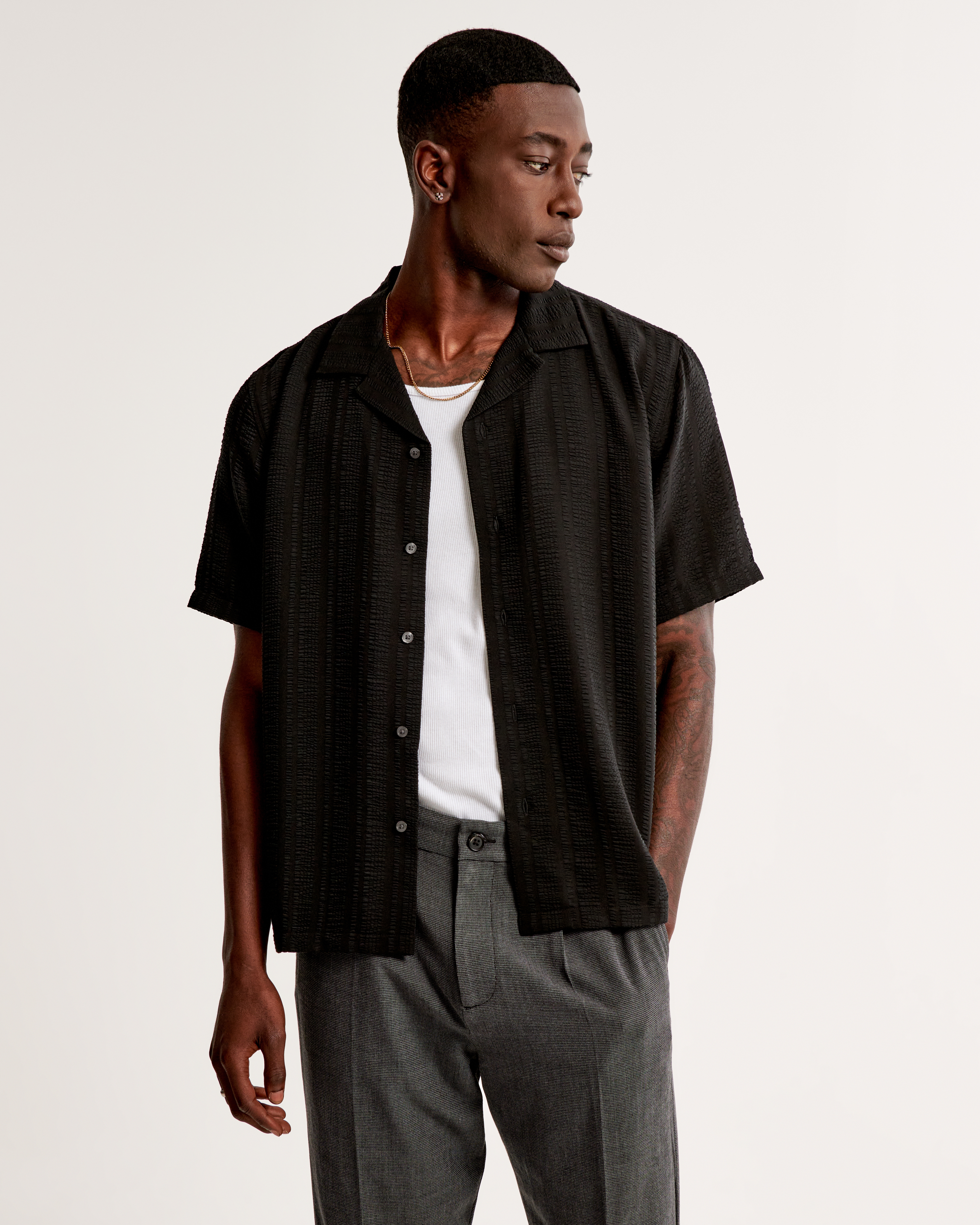 Camp Collar Silky Button-Up Shirt