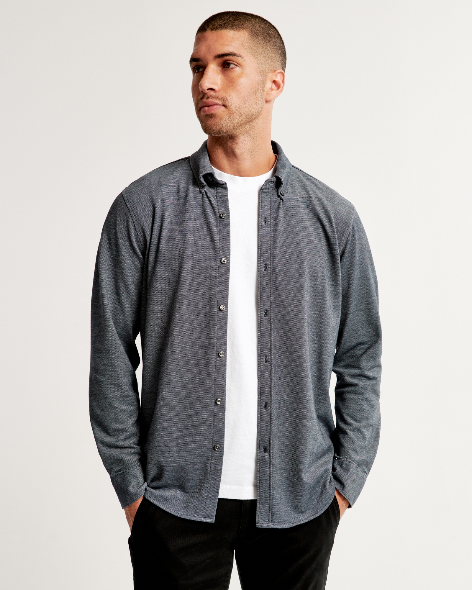 Men's Long-Sleeve Performance Button-Up Shirt in Gray | Size S | Abercrombie & Fitch
