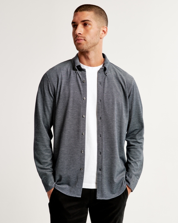 Long-Sleeve Performance Button-Up Shirt, Gray