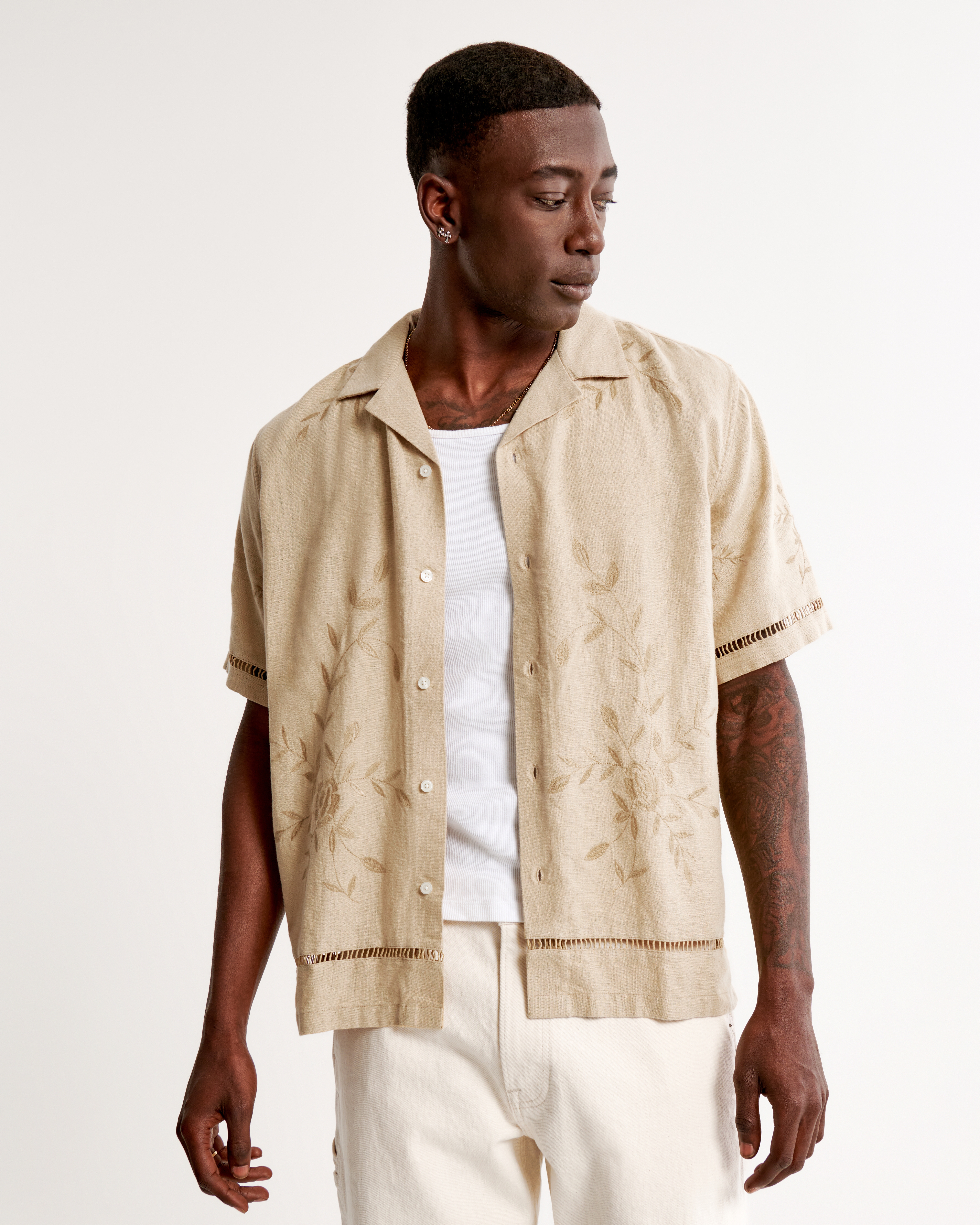 Camp Collar Summer Linen-Blend Embroidered Shirt