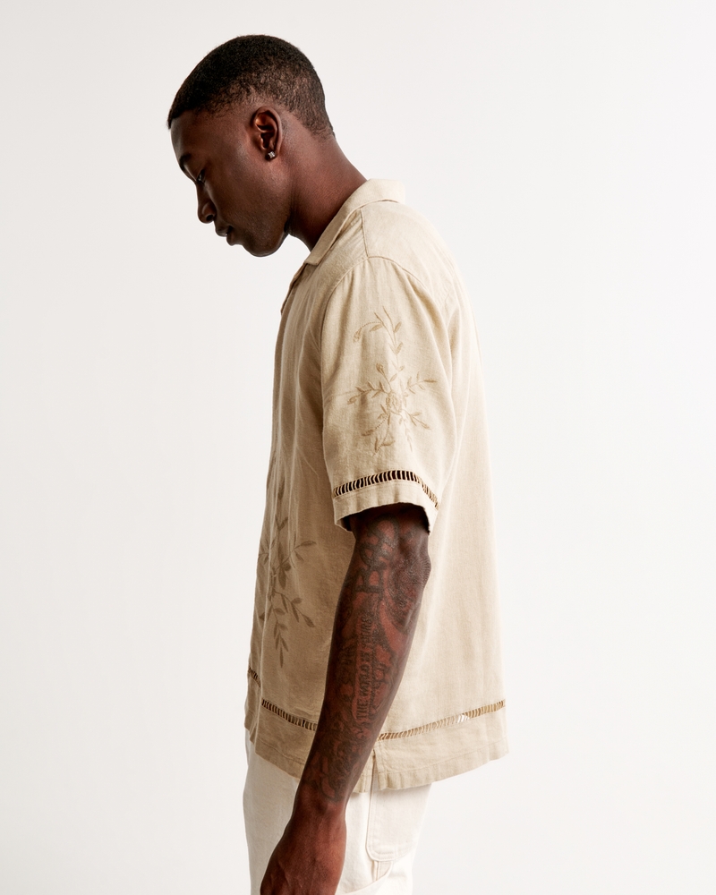 Men's Camp Collar Summer Linen-Blend Embroidered Shirt, Men's Clearance