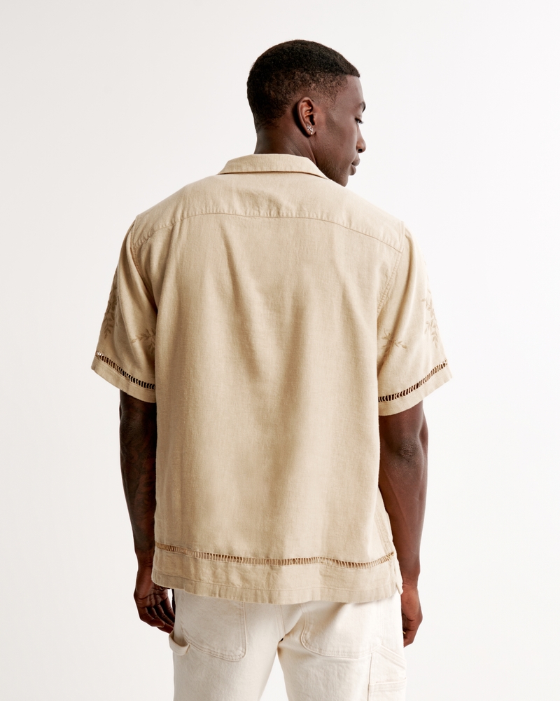 Men's Camp Collar Summer Linen-Blend Embroidered Shirt, Men's Clearance