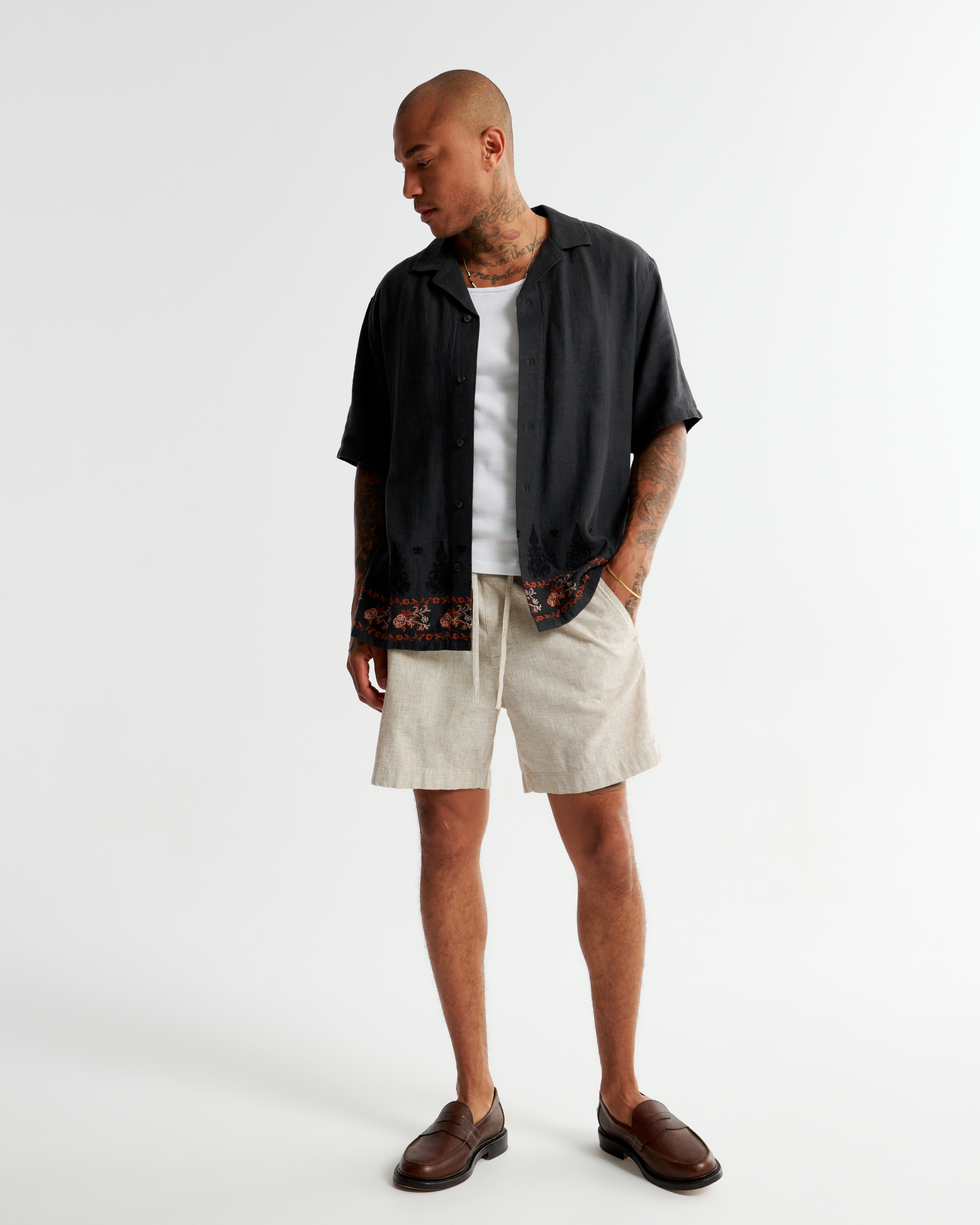 Men's Camp Collar Summer Linen-Blend Embroidered Shirt | Men's