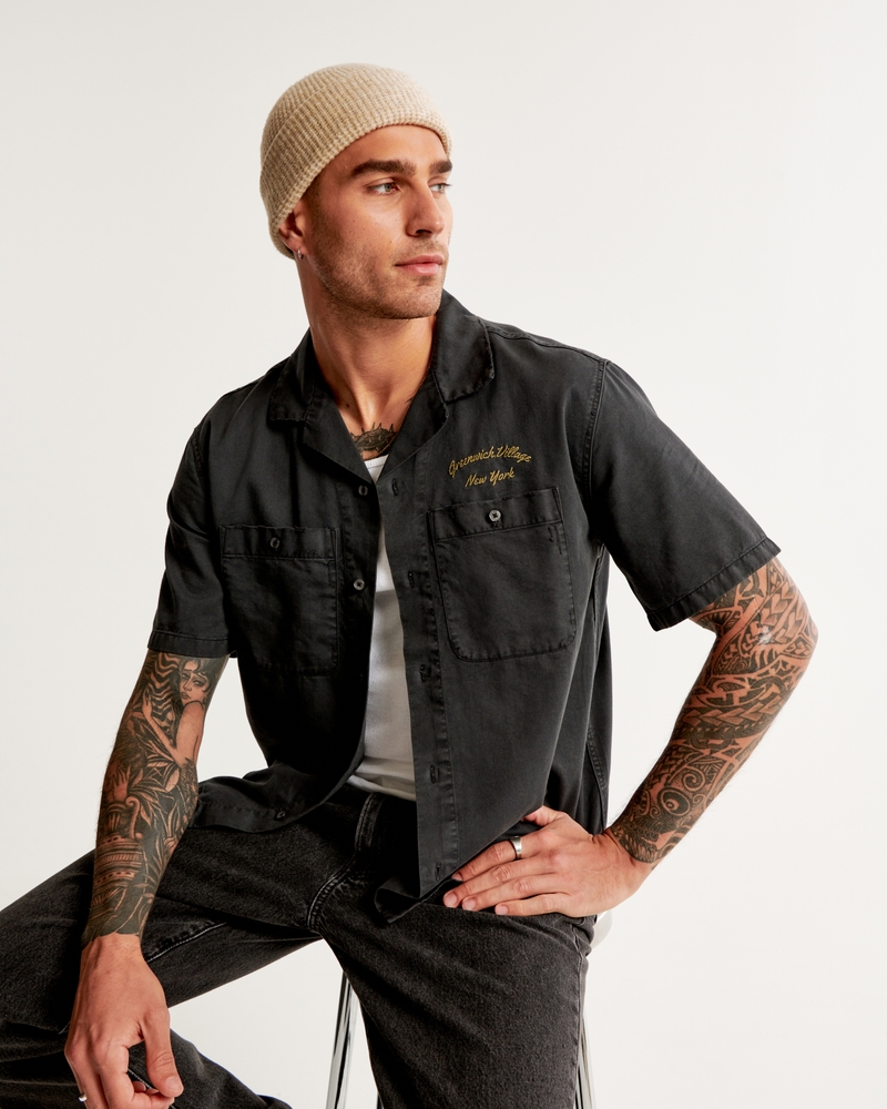 Camp Collar Workwear Graphic Button-Up Shirt