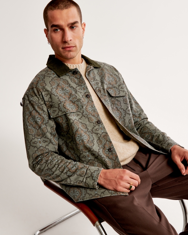 Twill Tapestry Shirt Jacket, Light Green Pattern