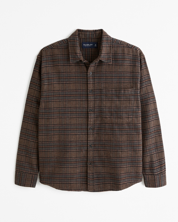 90s Relaxed Flannel, Light Brown Plaid
