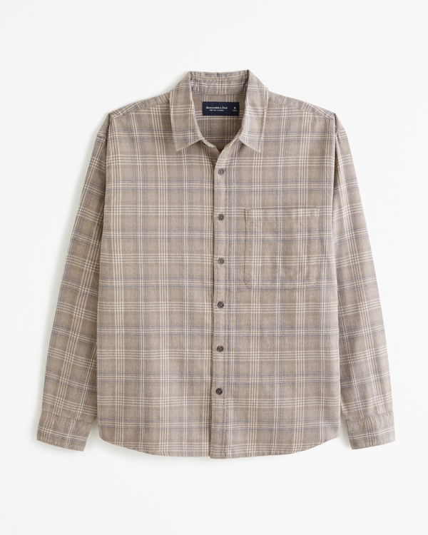 90s Relaxed Flannel, Taupe Plaid