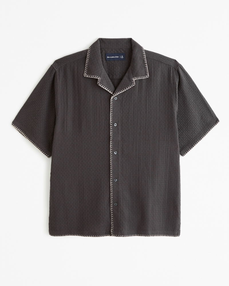 Men's Camp Collar Textured Button-Up Shirt in Dark Grey | Size Xs | Abercrombie & Fitch